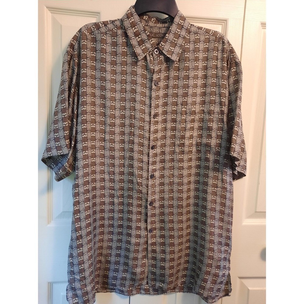 Silk Icon 100% Silk Geometric SHORT SLEEVE BUTTON UP SHIRT Large L